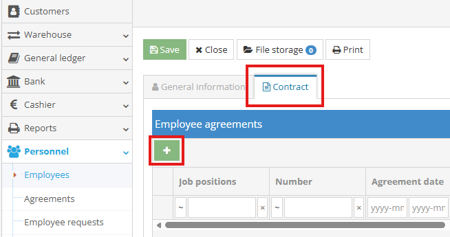 Employment contract information window